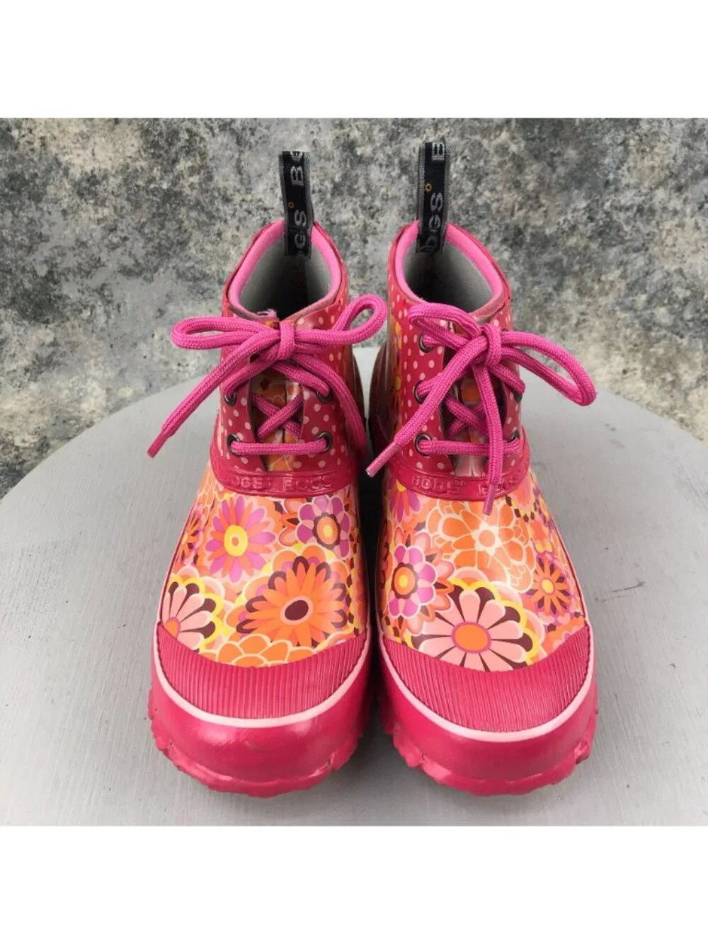 Bogs Kids Size 6 Charlot Pink Orange Floral Print Lace-Up Ankle Rain Boots